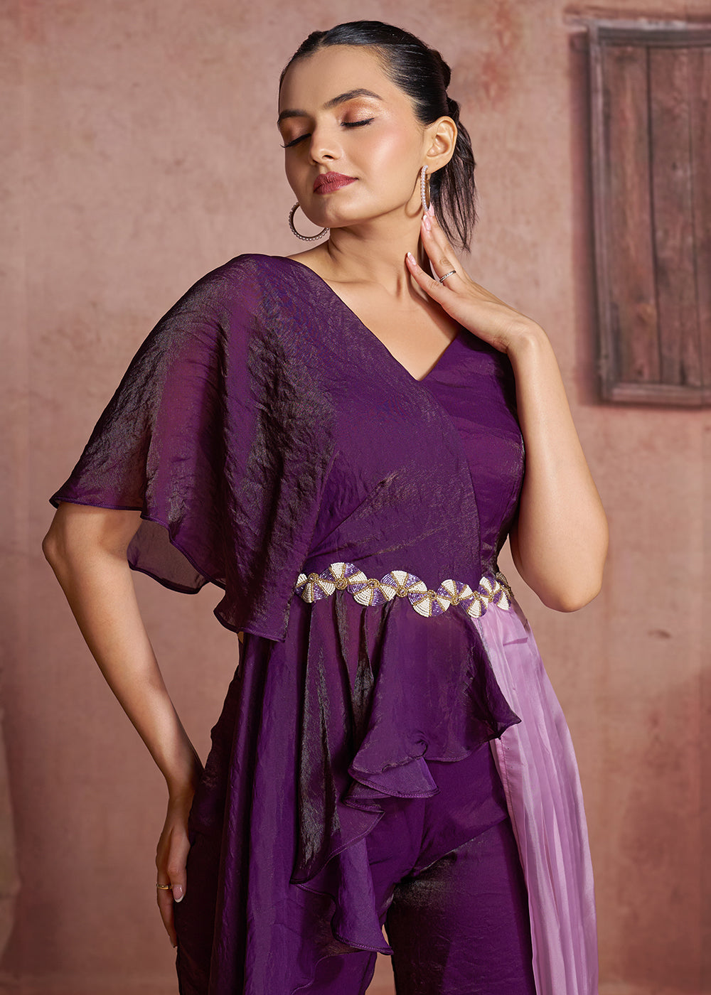 Buy Now Purple One-Shoulder Ruffle Top & Pant Set with Lilac Pleated Drape Online in US, UK, Canada, Netherlands, Germany, Italy, France & Worldwide at Empress.