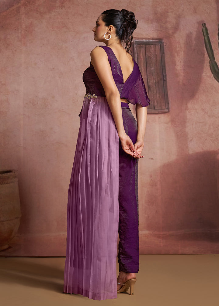 Buy Now Purple One-Shoulder Ruffle Top &amp; Pant Set with Lilac Pleated Drape Online in US, UK, Canada, Netherlands, Germany, Italy, France &amp; Worldwide at Empress.