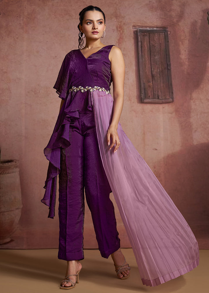 Buy Now Purple One-Shoulder Ruffle Top &amp; Pant Set with Lilac Pleated Drape Online in US, UK, Canada, Netherlands, Germany, Italy, France &amp; Worldwide at Empress.