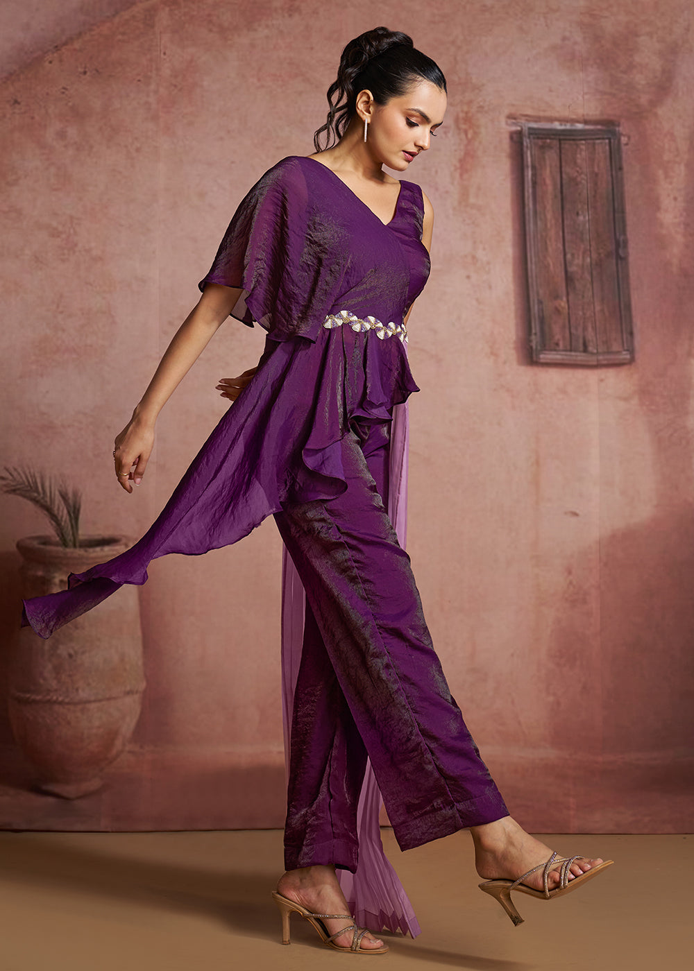 Buy Now Purple One-Shoulder Ruffle Top &amp; Pant Set with Lilac Pleated Drape Online in US, UK, Canada, Netherlands, Germany, Italy, France &amp; Worldwide at Empress.