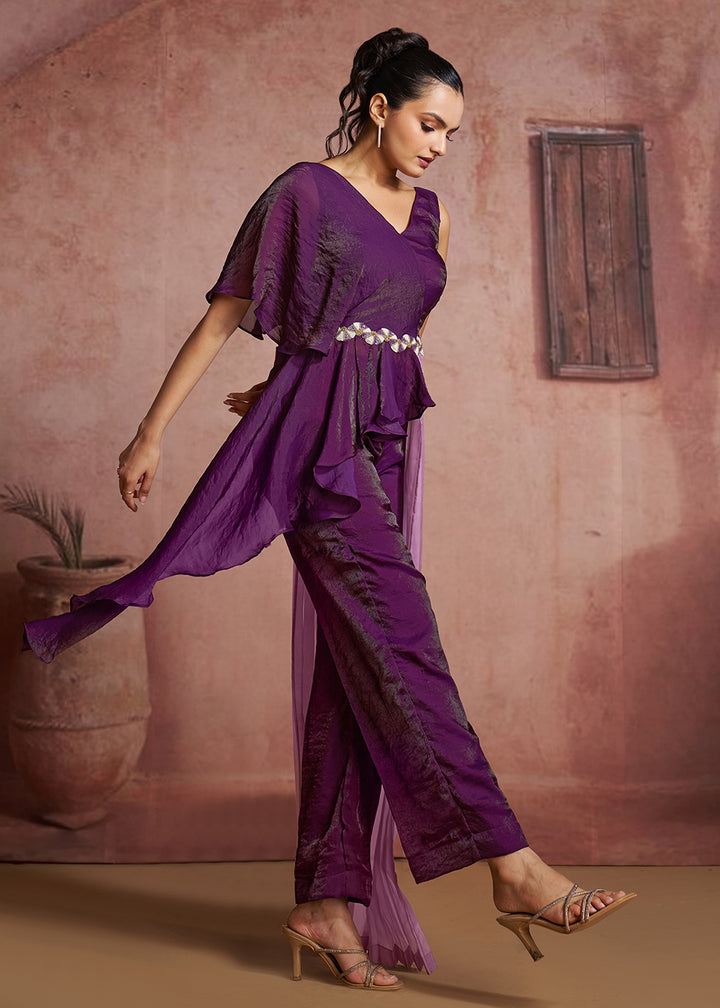 Buy Now Purple One-Shoulder Ruffle Top &amp; Pant Set with Lilac Pleated Drape Online in US, UK, Canada, Netherlands, Germany, Italy, France &amp; Worldwide at Empress.