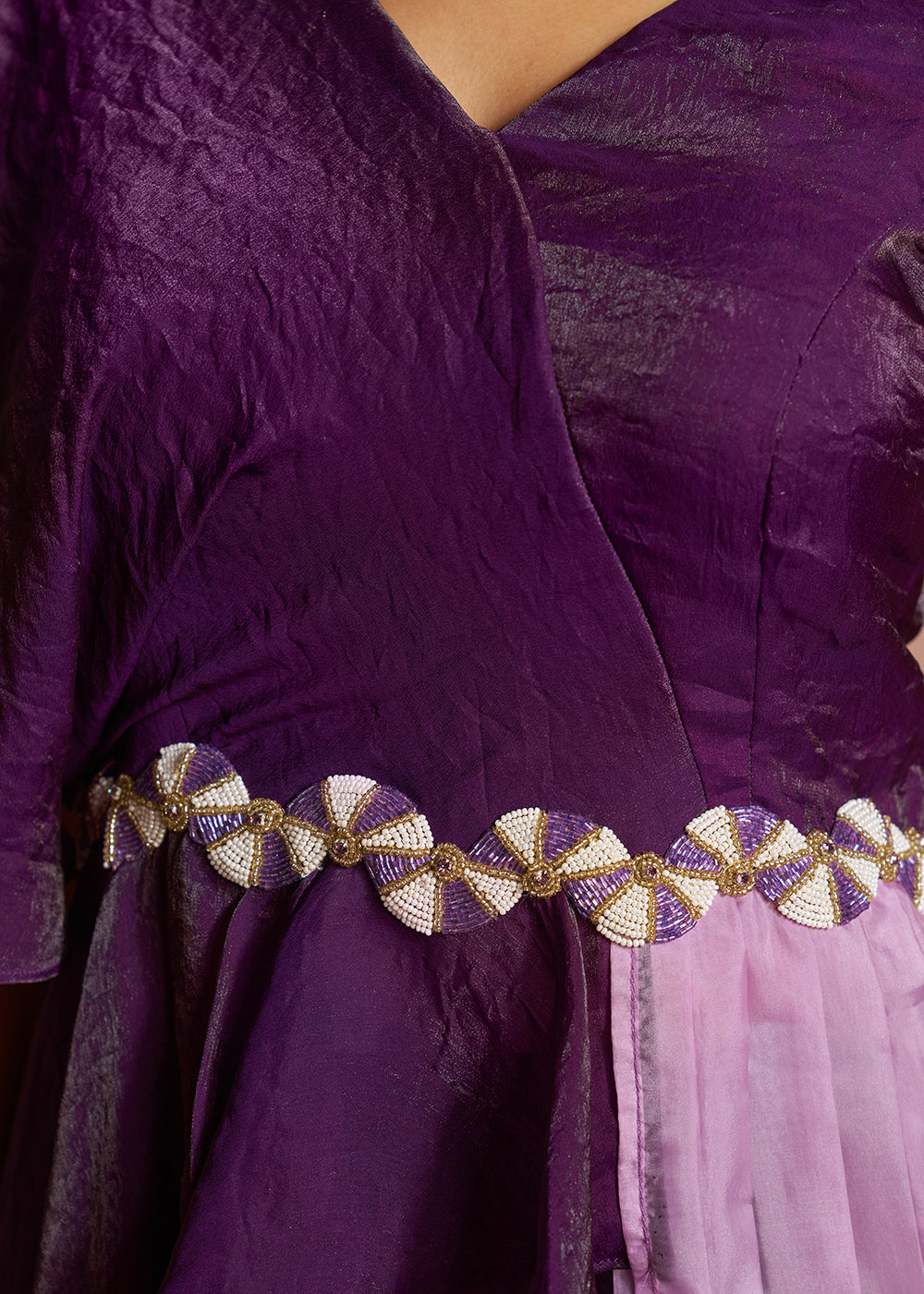 Buy Now Purple One-Shoulder Ruffle Top &amp; Pant Set with Lilac Pleated Drape Online in US, UK, Canada, Netherlands, Germany, Italy, France &amp; Worldwide at Empress.
