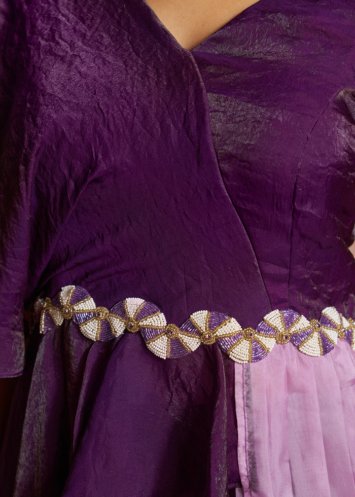 Buy Now Purple One-Shoulder Ruffle Top &amp; Pant Set with Lilac Pleated Drape Online in US, UK, Canada, Netherlands, Germany, Italy, France &amp; Worldwide at Empress.