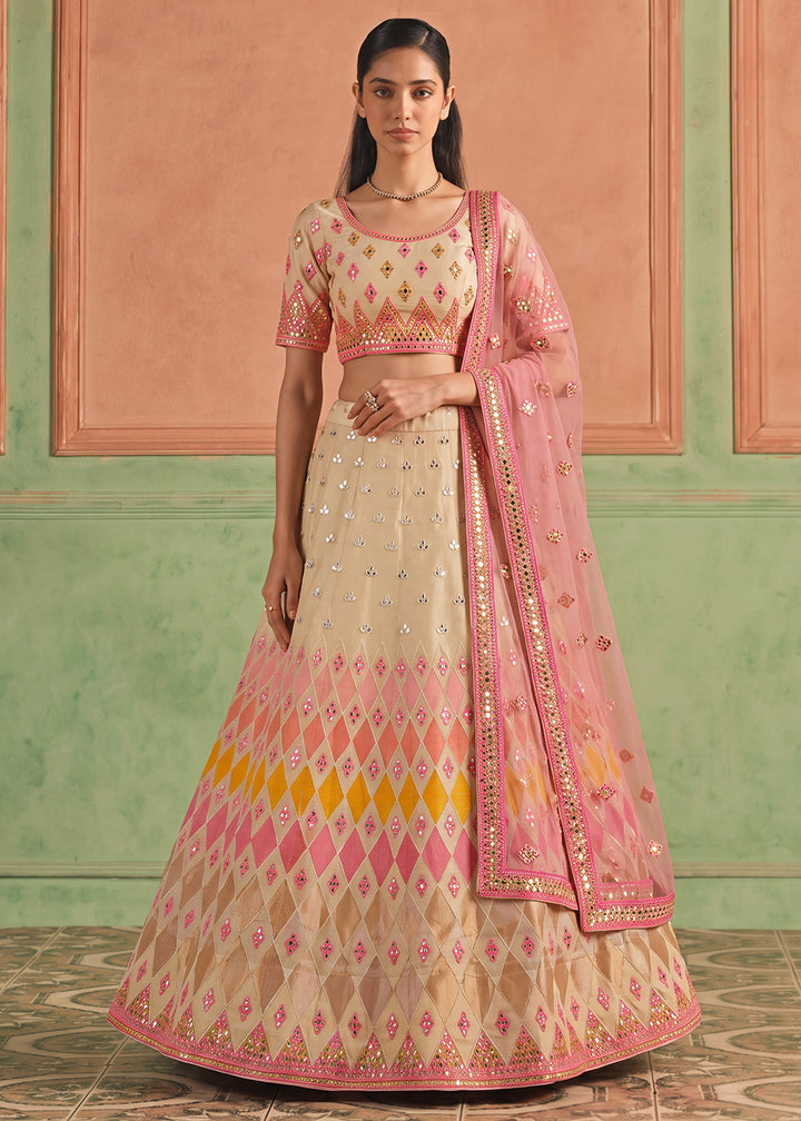 Shop NowOrganza Beige Embroidered Festive Style Lehenga Choli Online in USA, UK, Canada, France, Germany, Spain, Austria, Sweden, UAE &amp; Worldwide at Empress.