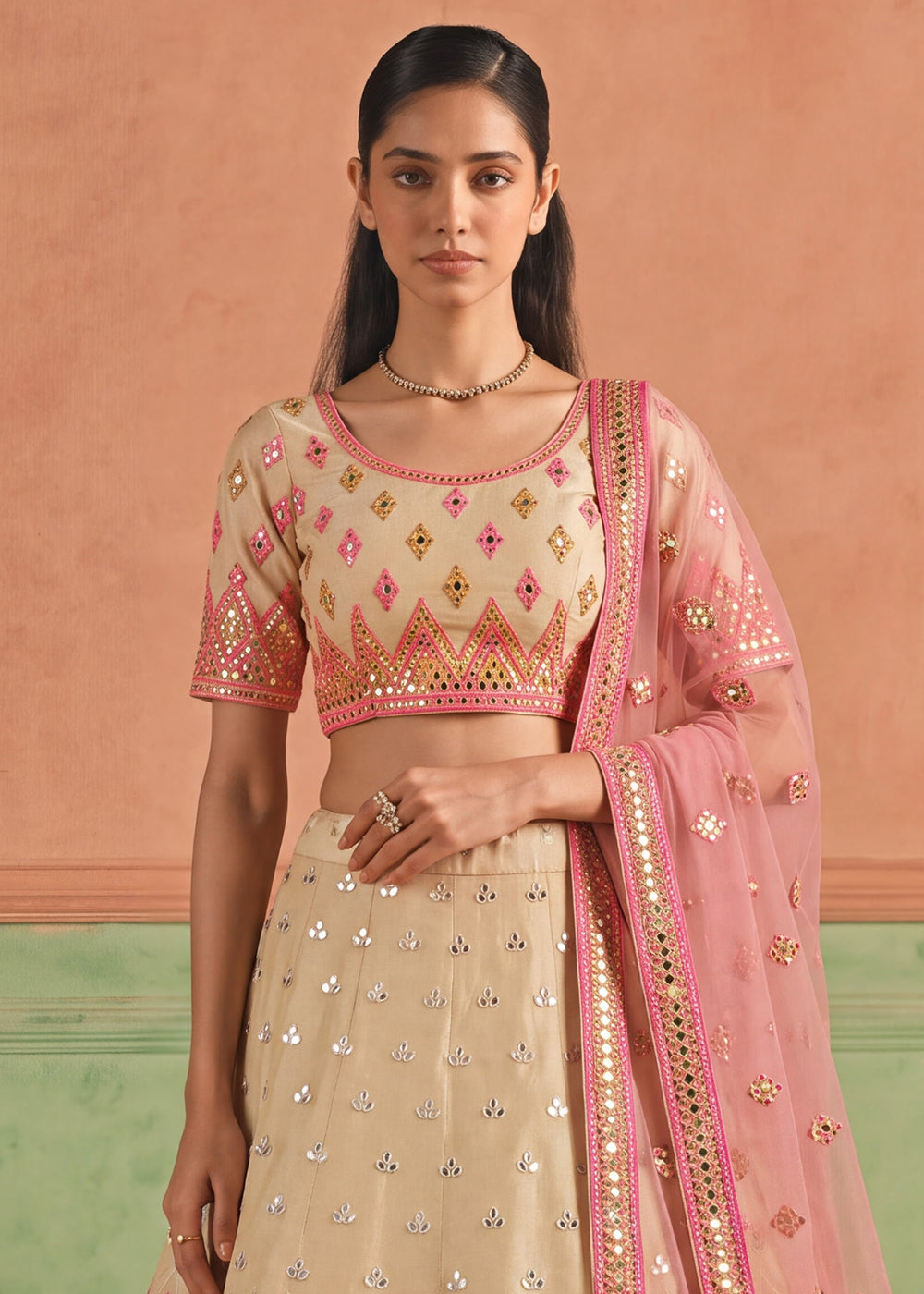 Shop NowOrganza Beige Embroidered Festive Style Lehenga Choli Online in USA, UK, Canada, France, Germany, Spain, Austria, Sweden, UAE & Worldwide at Empress.