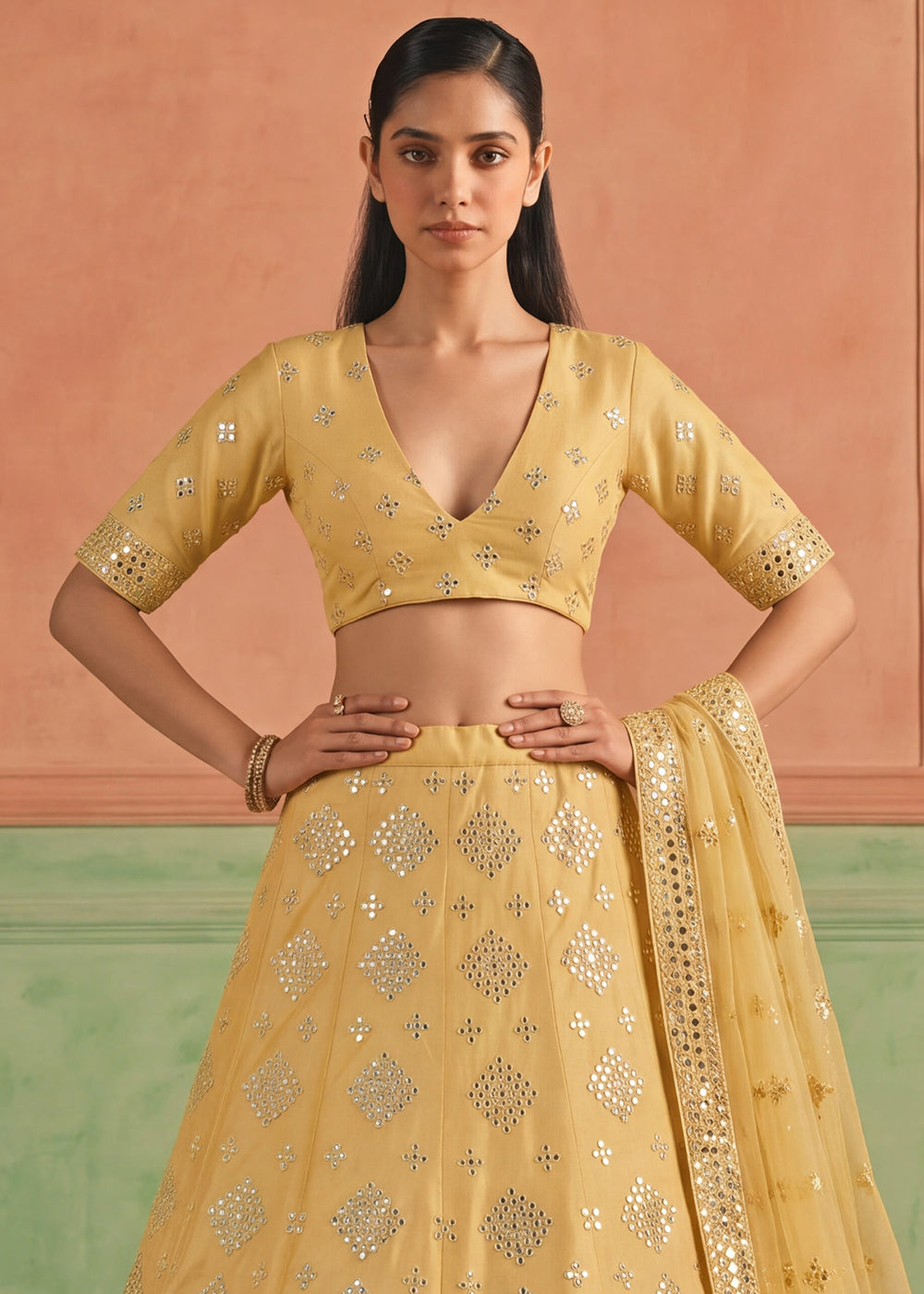Shop Now Organza Yellow Embroidered Festive Style Lehenga Choli Online in USA, UK, Canada, France, Germany, Spain, Austria, Sweden & Worldwide at Empress.