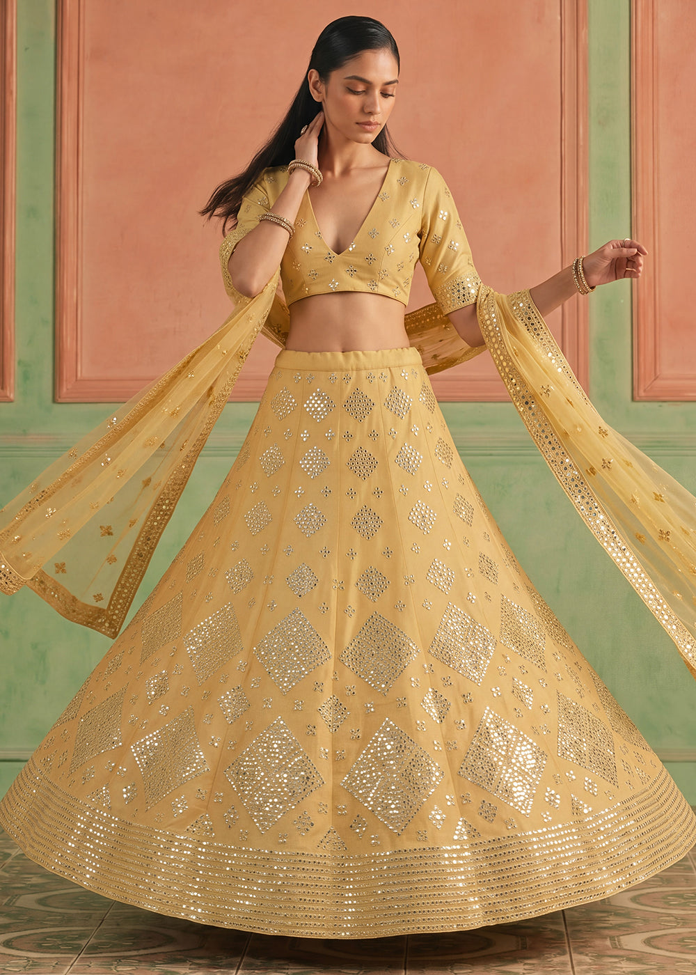 Shop Now Organza Yellow Embroidered Festive Style Lehenga Choli Online in USA, UK, Canada, France, Germany, Spain, Austria, Sweden &amp; Worldwide at Empress.