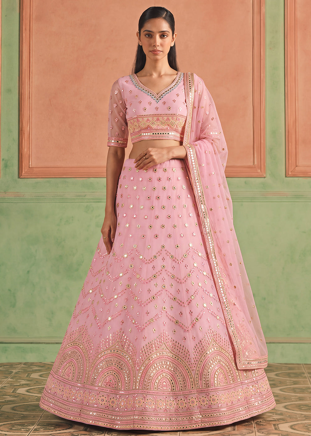 Shop Now Organza Pink Embroidered Festive Style Lehenga Choli Online in USA, UK, Canada, France, Germany, Spain, Austria, Sweden, UAE & Worldwide at Empress.