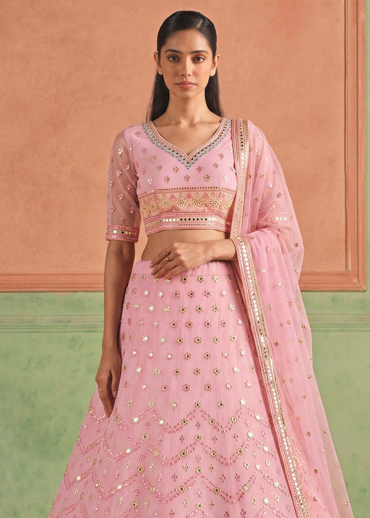 Shop Now Organza Pink Embroidered Festive Style Lehenga Choli Online in USA, UK, Canada, France, Germany, Spain, Austria, Sweden, UAE &amp; Worldwide at Empress.