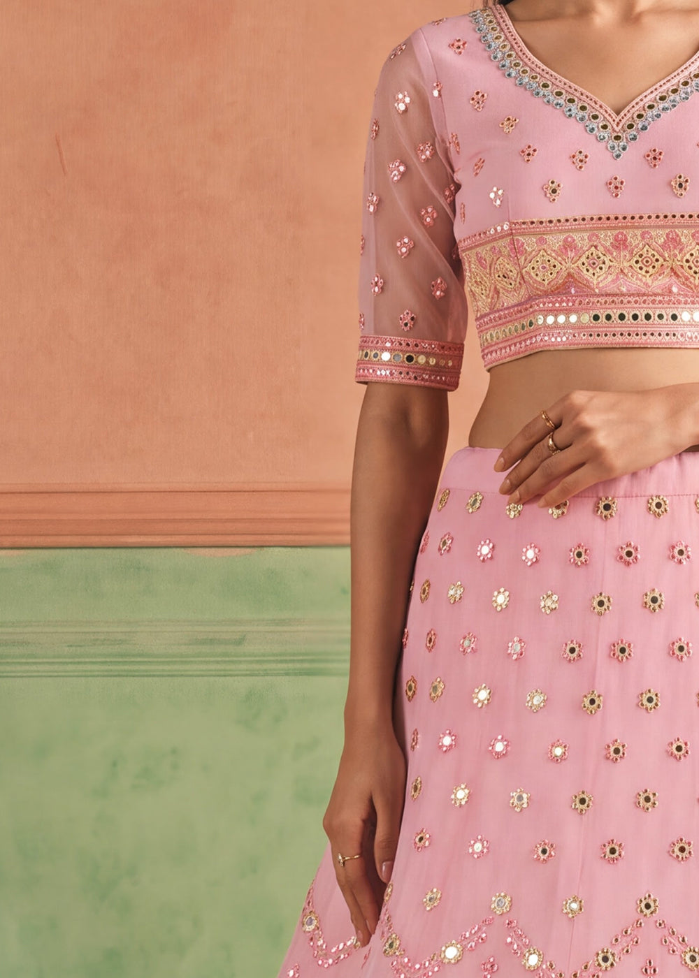 Shop Now Organza Pink Embroidered Festive Style Lehenga Choli Online in USA, UK, Canada, France, Germany, Spain, Austria, Sweden, UAE &amp; Worldwide at Empress.
