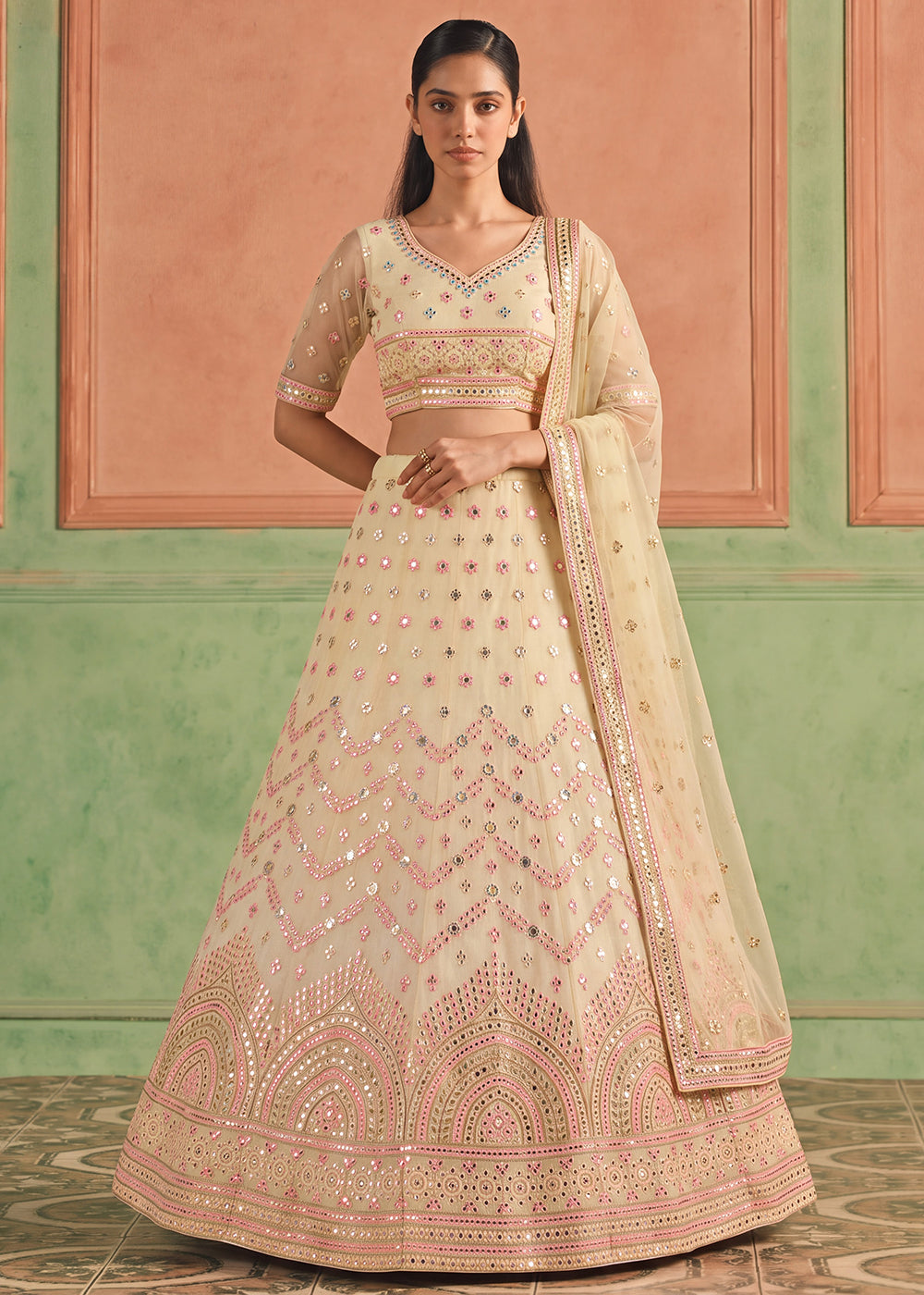 Shop Now Organza Lime Embroidered Festive Style Lehenga Choli Online in USA, UK, Canada, France, Germany, Spain, Austria, Sweden, UAE & Worldwide at Empress.