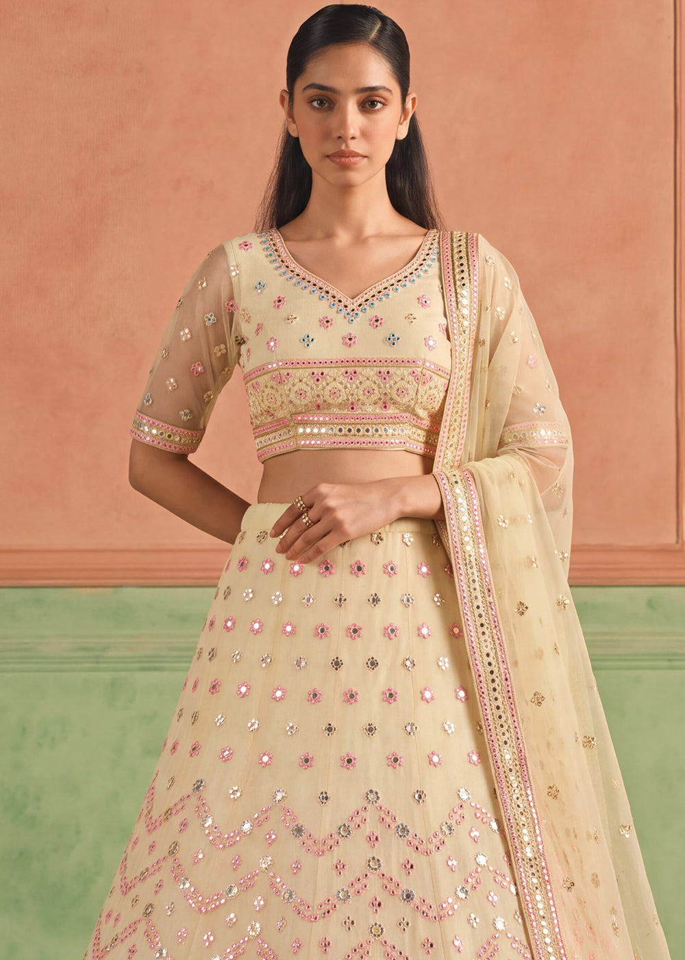 Shop Now Organza Lime Embroidered Festive Style Lehenga Choli Online in USA, UK, Canada, France, Germany, Spain, Austria, Sweden, UAE & Worldwide at Empress.