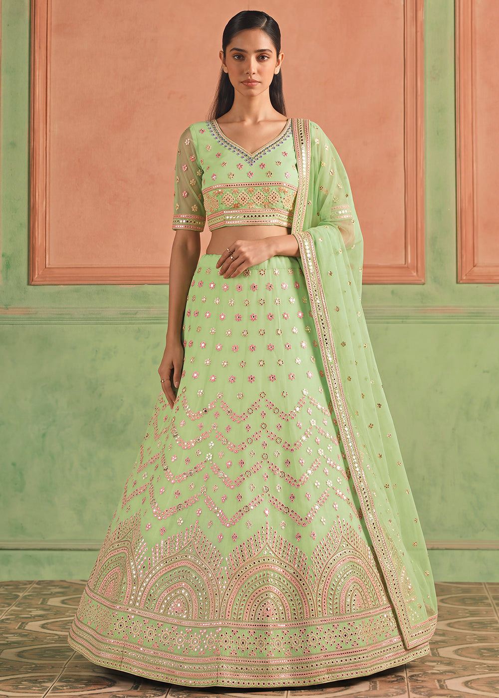 Shop Now Organza Pista Embroidered Festive Style Lehenga Choli Online in USA, UK, Canada, France, Germany, Spain, Austria, Sweden, UAE & Worldwide at Empress.