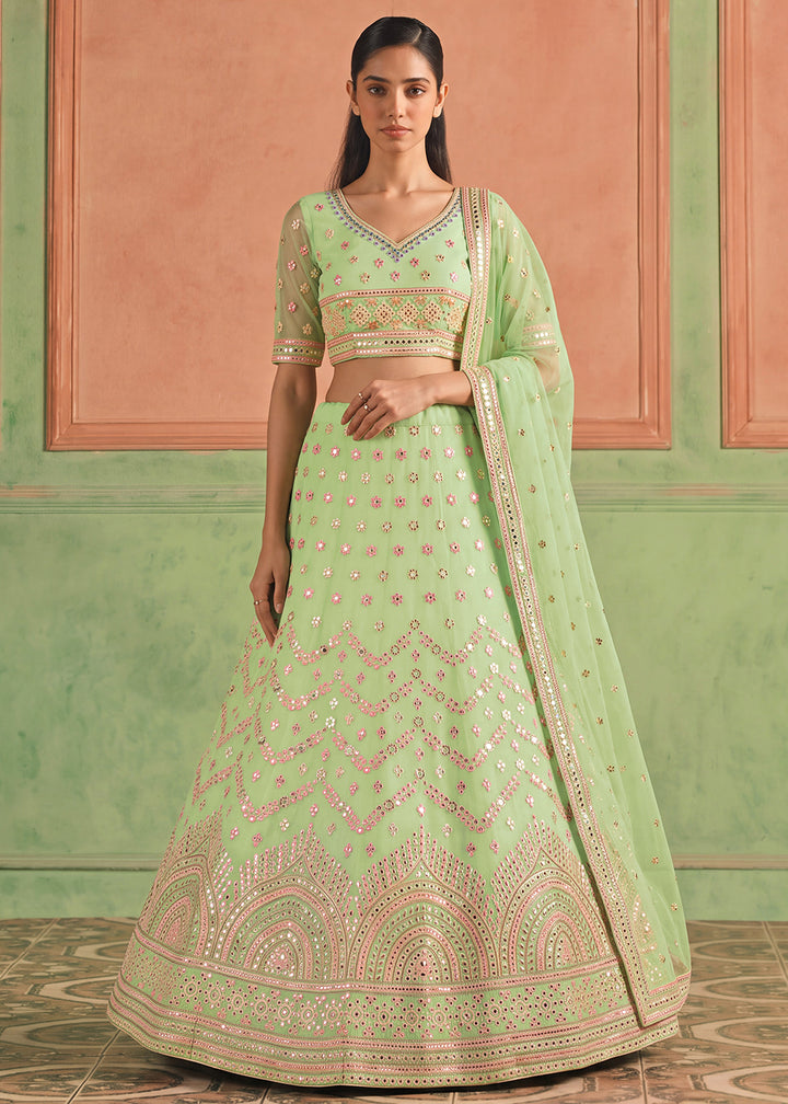 Shop Now Organza Pista Embroidered Festive Style Lehenga Choli Online in USA, UK, Canada, France, Germany, Spain, Austria, Sweden, UAE &amp; Worldwide at Empress.
