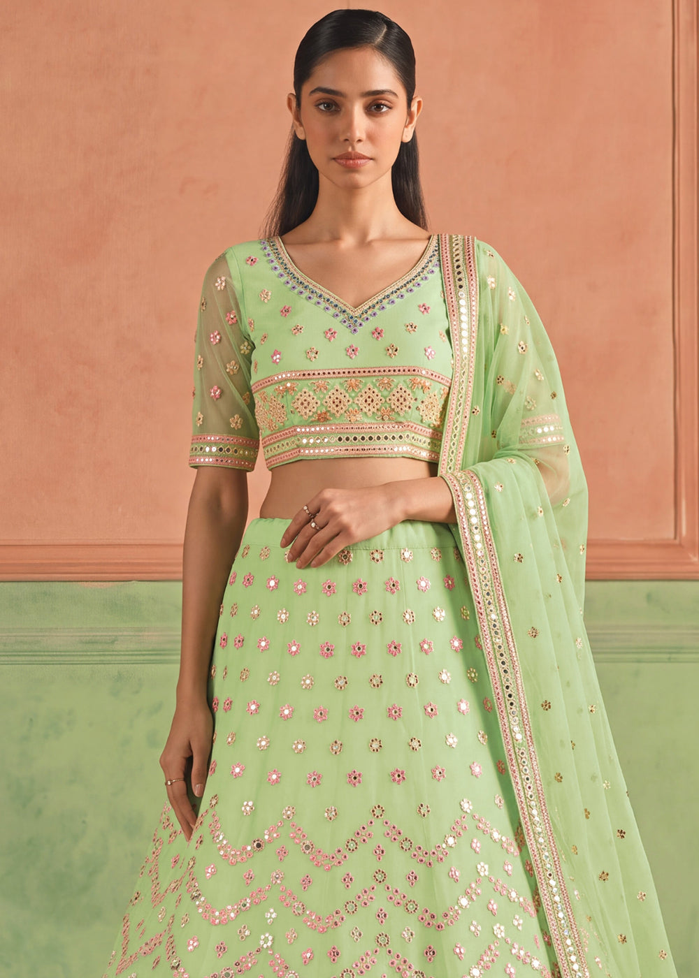 Shop Now Organza Pista Embroidered Festive Style Lehenga Choli Online in USA, UK, Canada, France, Germany, Spain, Austria, Sweden, UAE & Worldwide at Empress.