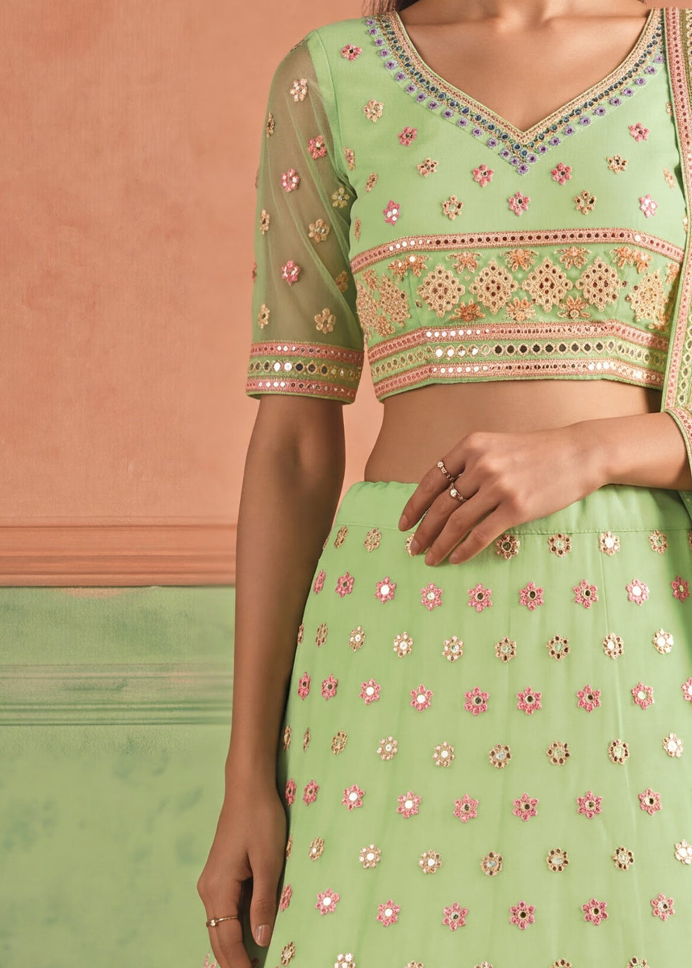 Shop Now Organza Pista Embroidered Festive Style Lehenga Choli Online in USA, UK, Canada, France, Germany, Spain, Austria, Sweden, UAE &amp; Worldwide at Empress.