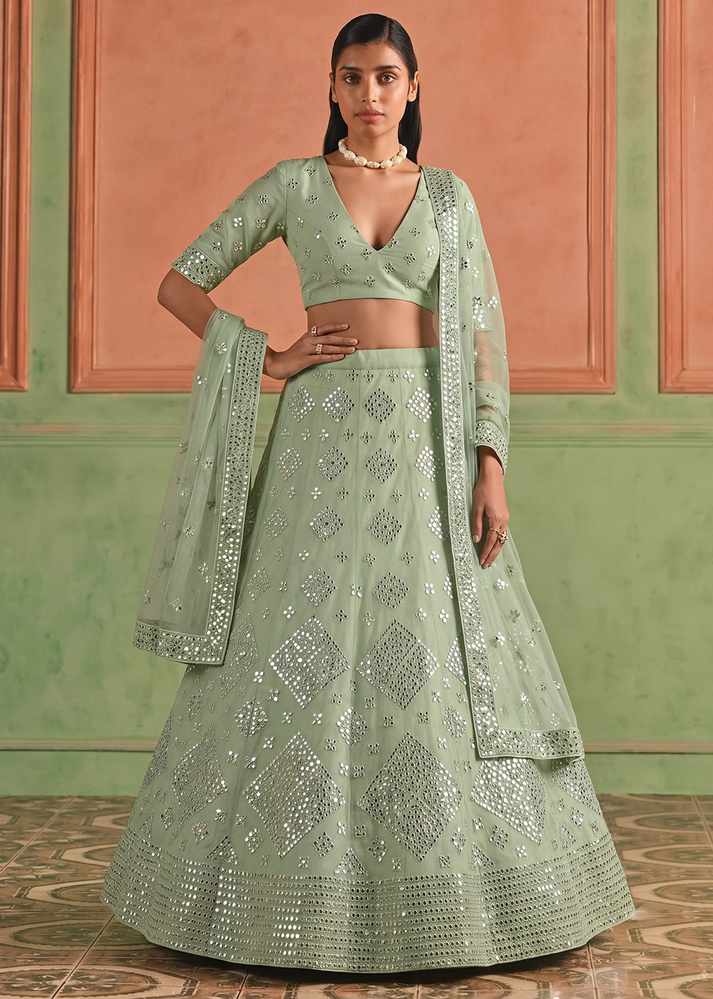 Shop Now Organza Green Embroidered Festive Style Lehenga Choli Online in USA, UK, Canada, France, Germany, Spain, Austria, Sweden, UAE & Worldwide at Empress.