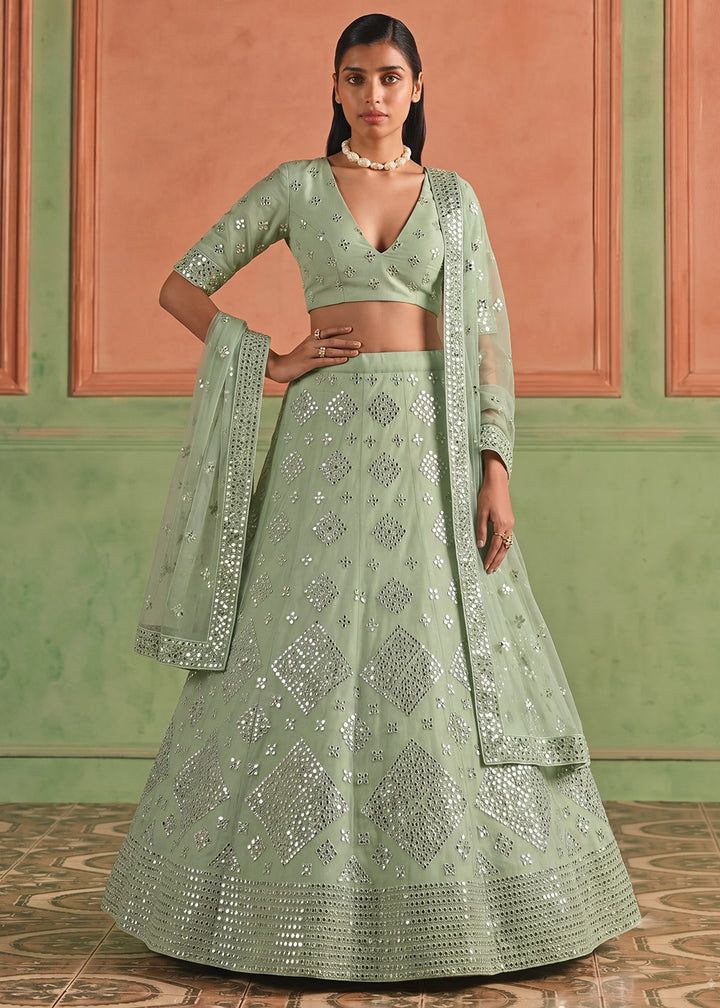 Shop Now Organza Green Embroidered Festive Style Lehenga Choli Online in USA, UK, Canada, France, Germany, Spain, Austria, Sweden, UAE &amp; Worldwide at Empress.