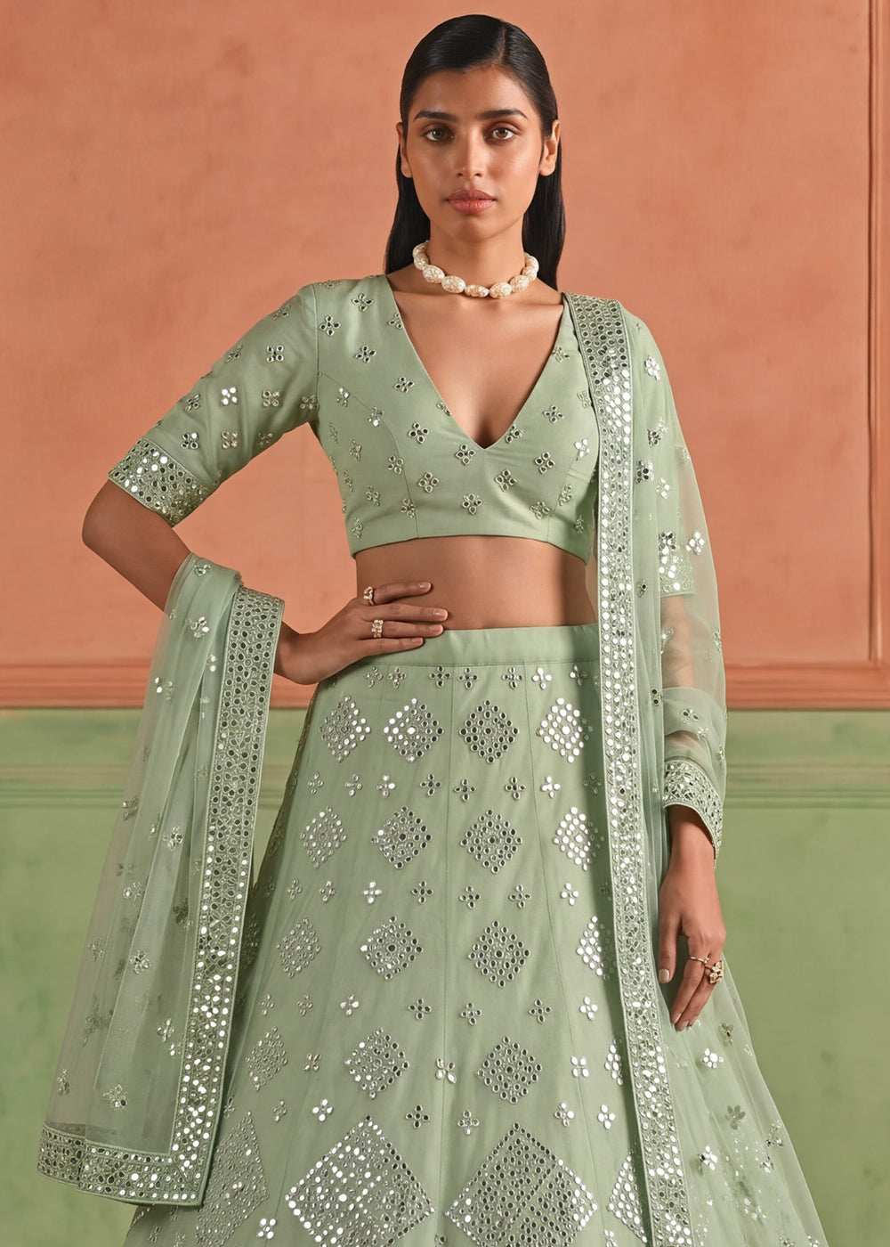 Shop Now Organza Green Embroidered Festive Style Lehenga Choli Online in USA, UK, Canada, France, Germany, Spain, Austria, Sweden, UAE &amp; Worldwide at Empress.