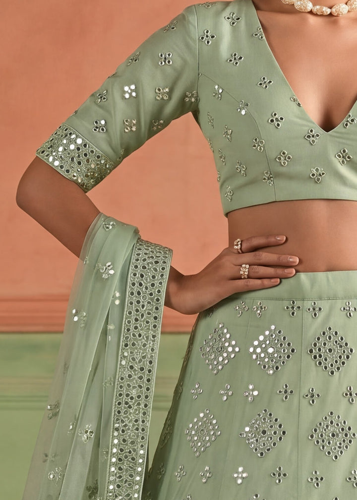Shop Now Organza Green Embroidered Festive Style Lehenga Choli Online in USA, UK, Canada, France, Germany, Spain, Austria, Sweden, UAE &amp; Worldwide at Empress.