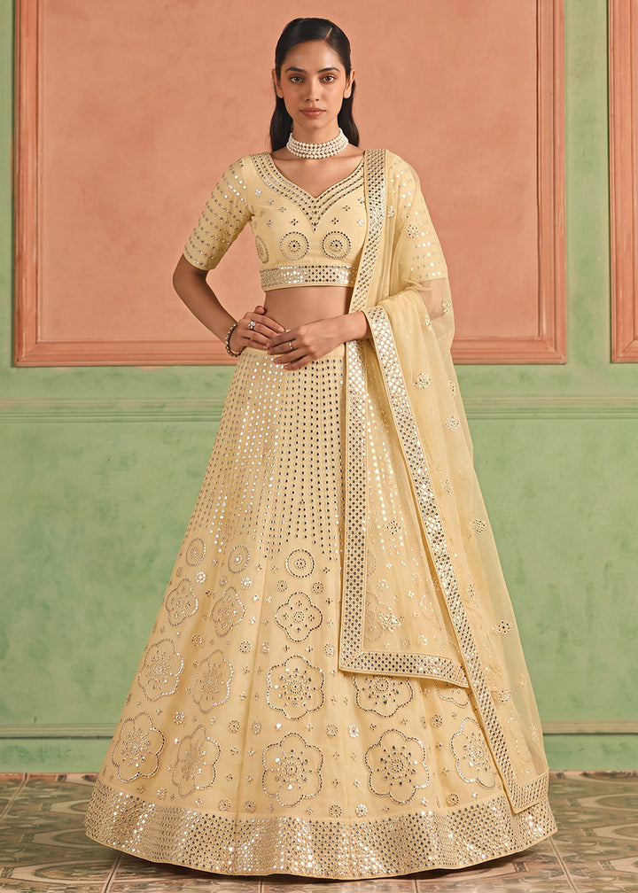 Shop Now Organza Mist Yellow Embroidered Festive Style Lehenga Choli Online in USA, UK, Canada, France, Germany, Spain, Austria, Sweden &amp; Worldwide at Empress.