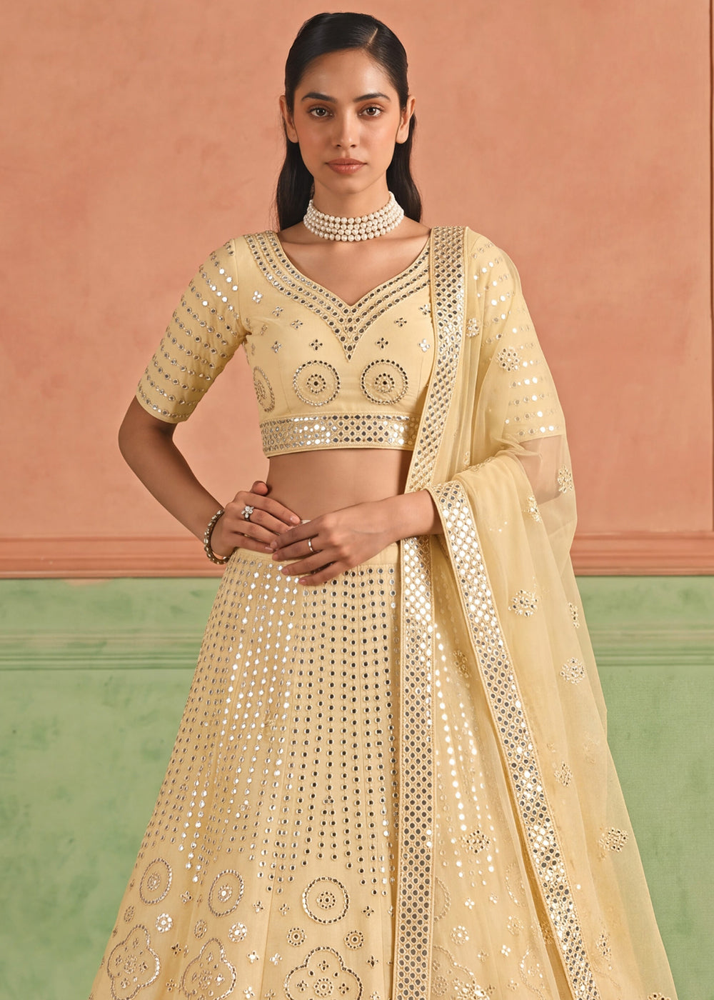 Shop Now Organza Mist Yellow Embroidered Festive Style Lehenga Choli Online in USA, UK, Canada, France, Germany, Spain, Austria, Sweden & Worldwide at Empress.