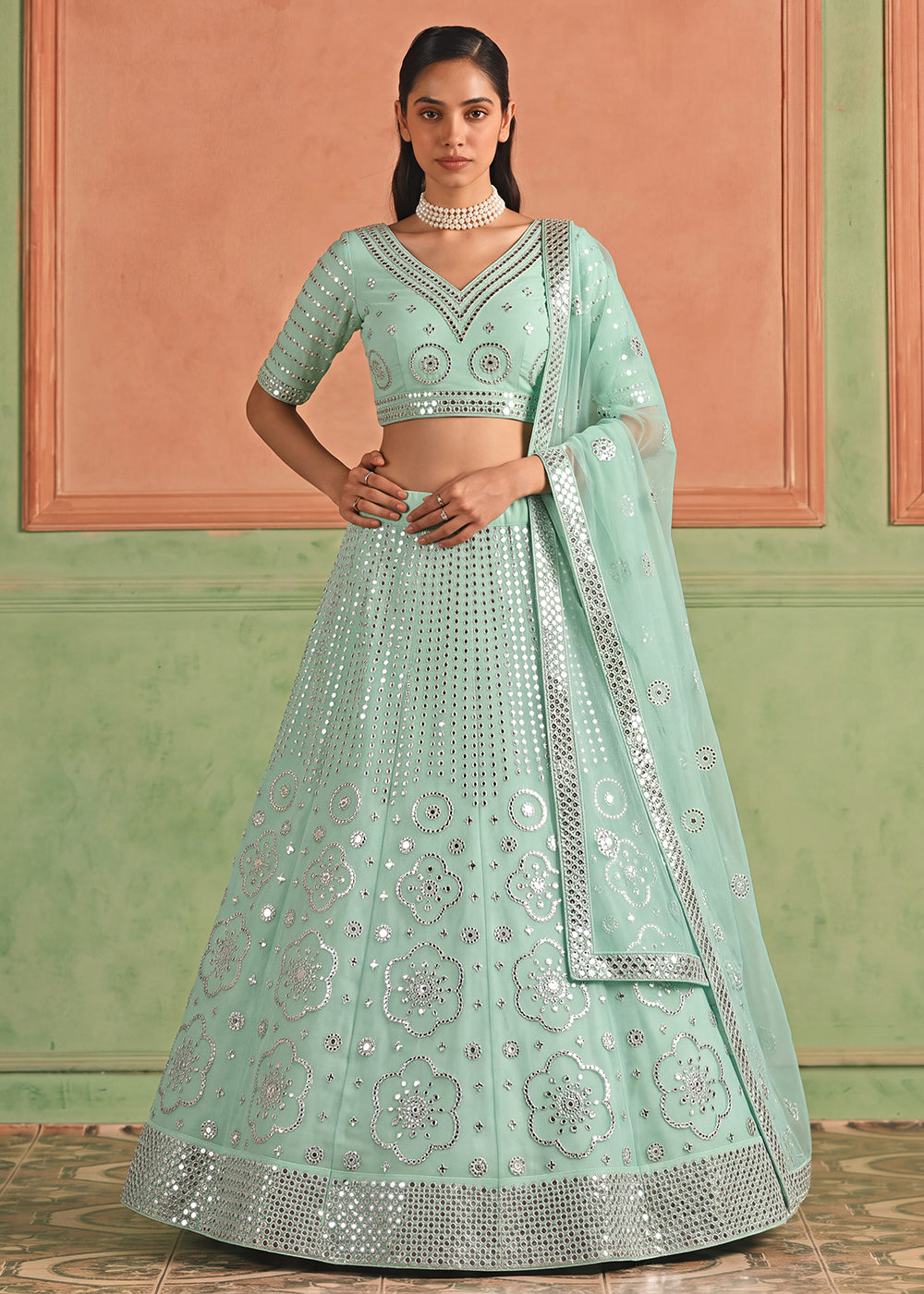 Shop Now Organza Blue Embroidered Festive Style Lehenga Choli Online in USA, UK, Canada, France, Germany, Spain, Austria, Sweden, UAE & Worldwide at Empress.