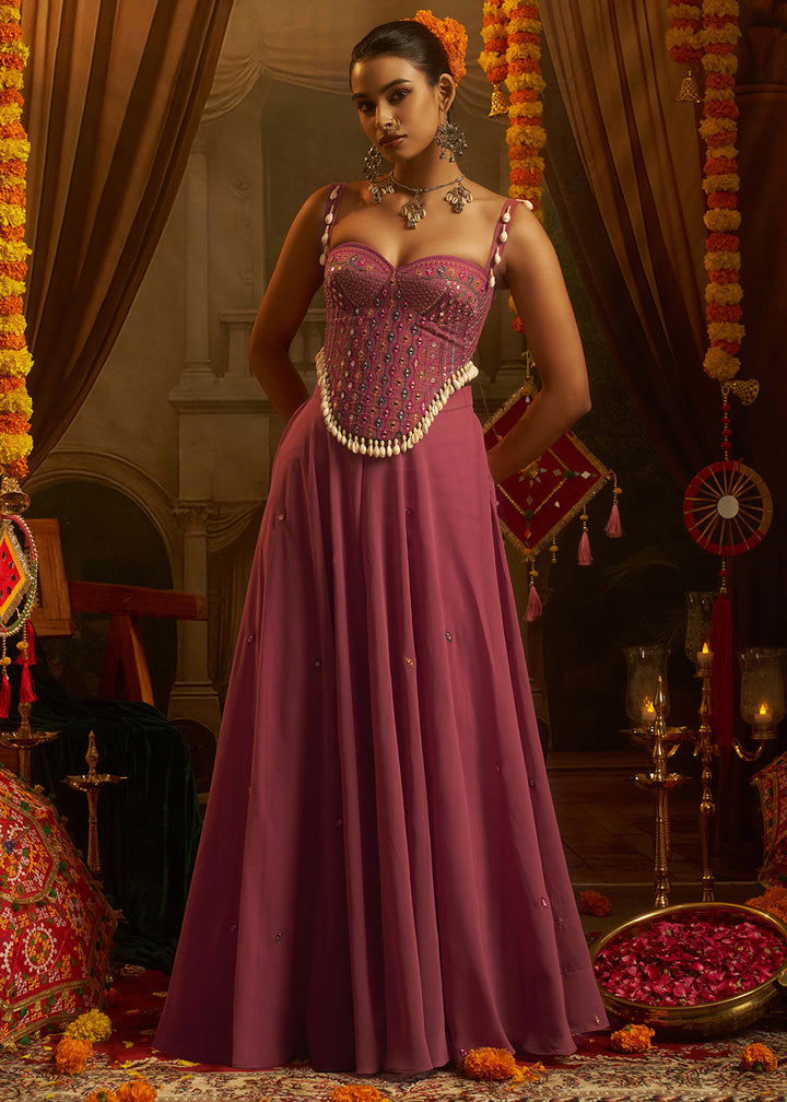 Buy Now Pink Mirror with Shells Navratri Style Palazzo Suit Online in US, UK, Canada, Germany, Italy, France, Greece, Austria, Australia &amp; Worldwide at Empress.
