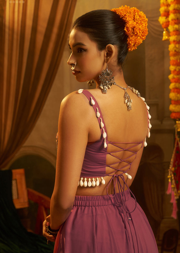 Buy Now Pink Mirror with Shells Navratri Style Palazzo Suit Online in US, UK, Canada, Germany, Italy, France, Greece, Austria, Australia &amp; Worldwide at Empress.
