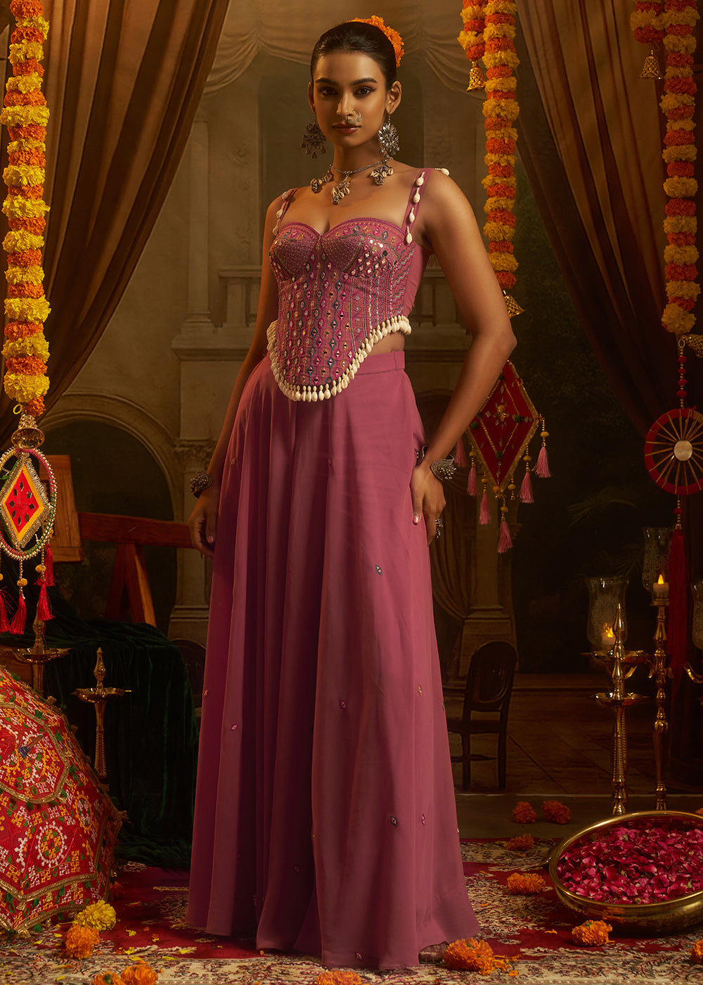 Buy Now Pink Mirror with Shells Navratri Style Palazzo Suit Online in US, UK, Canada, Germany, Italy, France, Greece, Austria, Australia &amp; Worldwide at Empress.