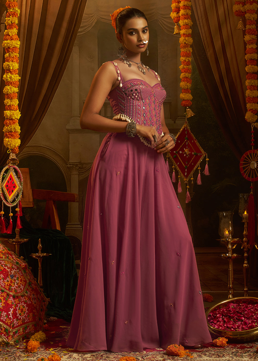 Buy Now Pink Mirror with Shells Navratri Style Palazzo Suit Online in US, UK, Canada, Germany, Italy, France, Greece, Austria, Australia &amp; Worldwide at Empress.