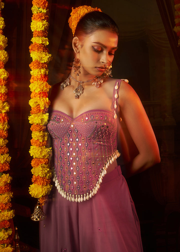 Buy Now Pink Mirror with Shells Navratri Style Palazzo Suit Online in US, UK, Canada, Germany, Italy, France, Greece, Austria, Australia &amp; Worldwide at Empress.