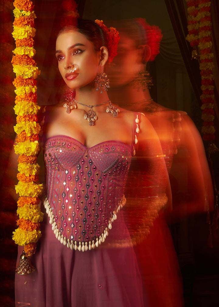 Buy Now Pink Mirror with Shells Navratri Style Palazzo Suit Online in US, UK, Canada, Germany, Italy, France, Greece, Austria, Australia &amp; Worldwide at Empress.