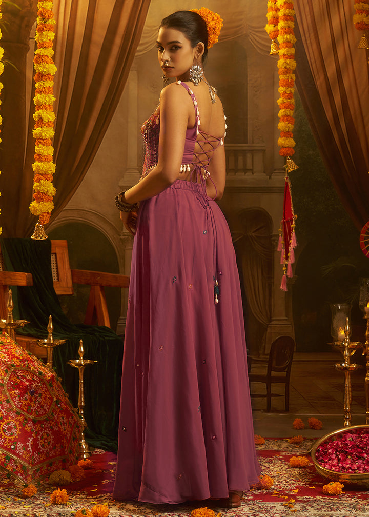 Buy Now Pink Mirror with Shells Navratri Style Palazzo Suit Online in US, UK, Canada, Germany, Italy, France, Greece, Austria, Australia &amp; Worldwide at Empress.