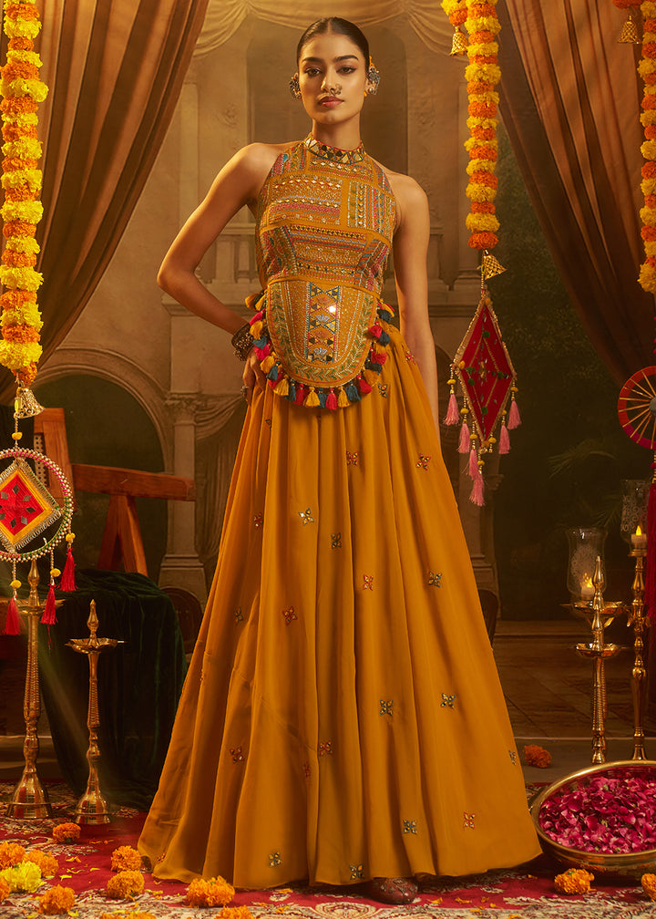 Buy Now Mustard Mirror with Shells Navratri Style Palazzo Suit Online in US, UK, Canada, Germany, Italy, France, Greece, UAE, Australia &amp; Worldwide at Empress.