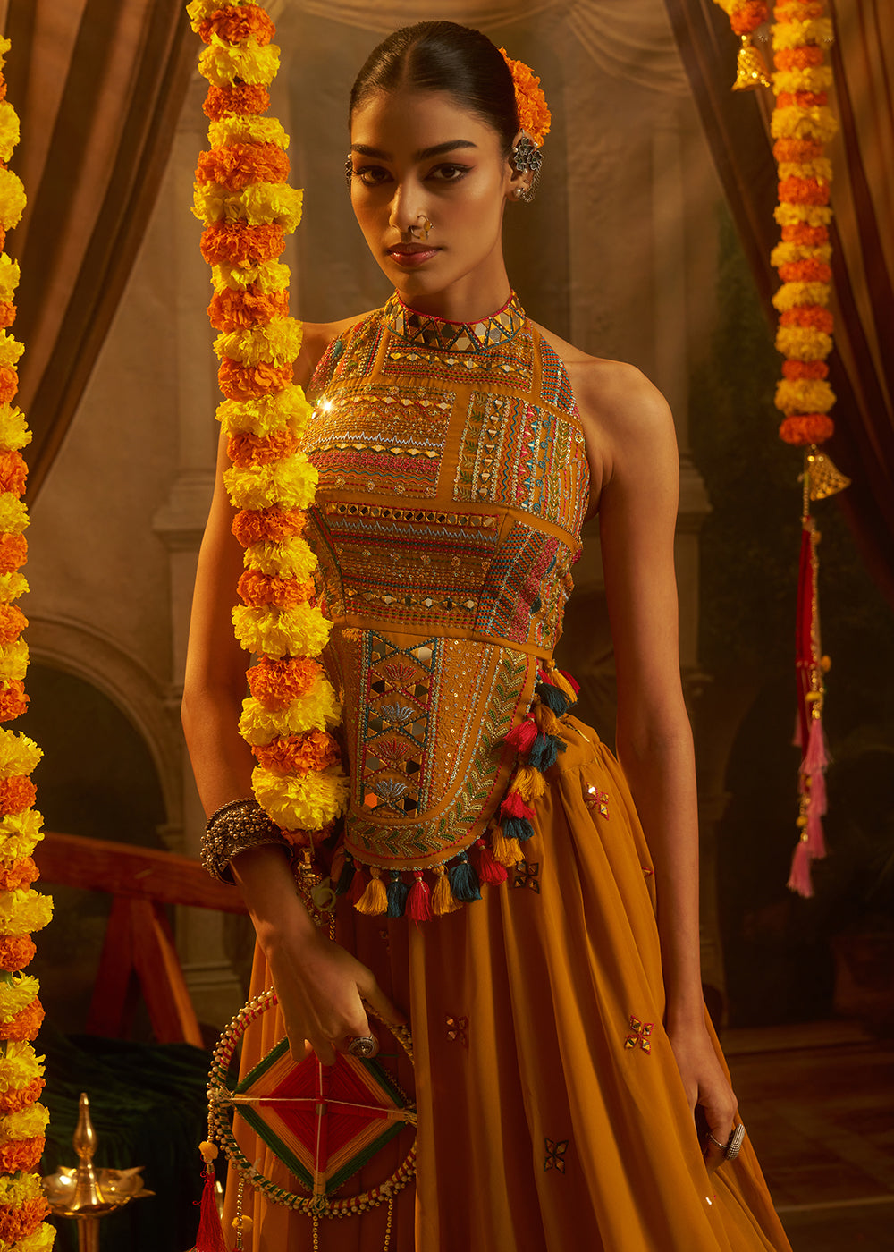 Buy Now Mustard Mirror with Shells Navratri Style Palazzo Suit Online in US, UK, Canada, Germany, Italy, France, Greece, UAE, Australia & Worldwide at Empress.