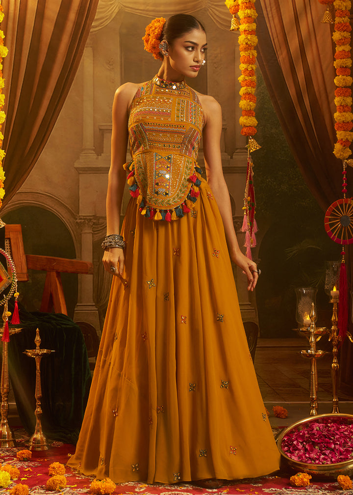 Buy Now Mustard Mirror with Shells Navratri Style Palazzo Suit Online in US, UK, Canada, Germany, Italy, France, Greece, UAE, Australia &amp; Worldwide at Empress.