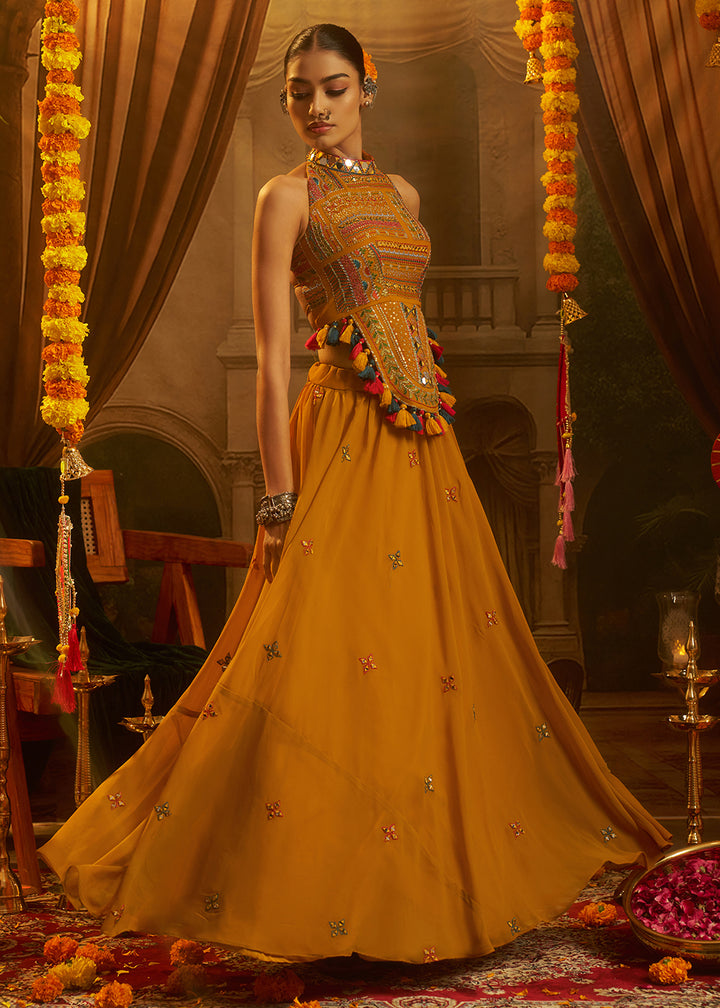 Buy Now Mustard Mirror with Shells Navratri Style Palazzo Suit Online in US, UK, Canada, Germany, Italy, France, Greece, UAE, Australia &amp; Worldwide at Empress.