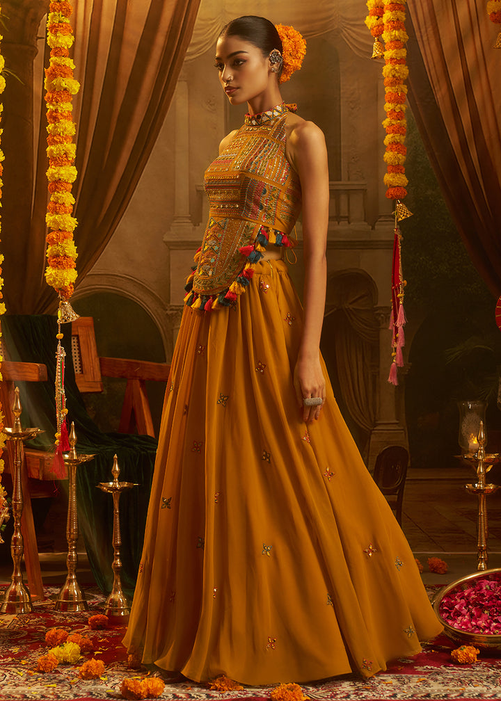 Buy Now Mustard Mirror with Shells Navratri Style Palazzo Suit Online in US, UK, Canada, Germany, Italy, France, Greece, UAE, Australia &amp; Worldwide at Empress.