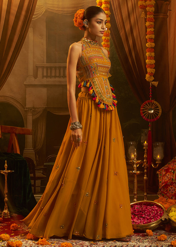 Buy Now Mustard Mirror with Shells Navratri Style Palazzo Suit Online in US, UK, Canada, Germany, Italy, France, Greece, UAE, Australia &amp; Worldwide at Empress.