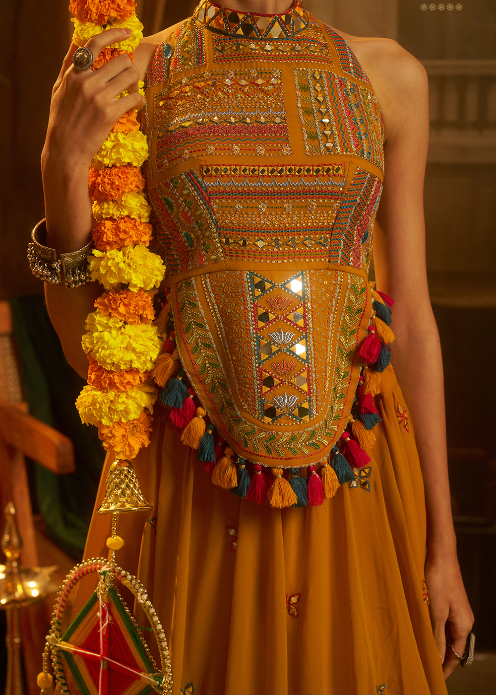 Buy Now Mustard Mirror with Shells Navratri Style Palazzo Suit Online in US, UK, Canada, Germany, Italy, France, Greece, UAE, Australia &amp; Worldwide at Empress.