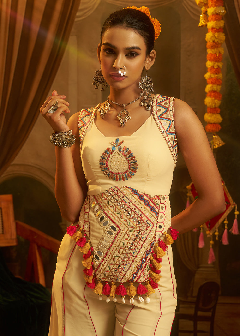 Buy Now Cream Mirror with Shells Navratri Style Palazzo Suit Online in US, UK, Canada, Germany, Italy, France, Greece, UAE, Australia &amp; Worldwide at Empress.
