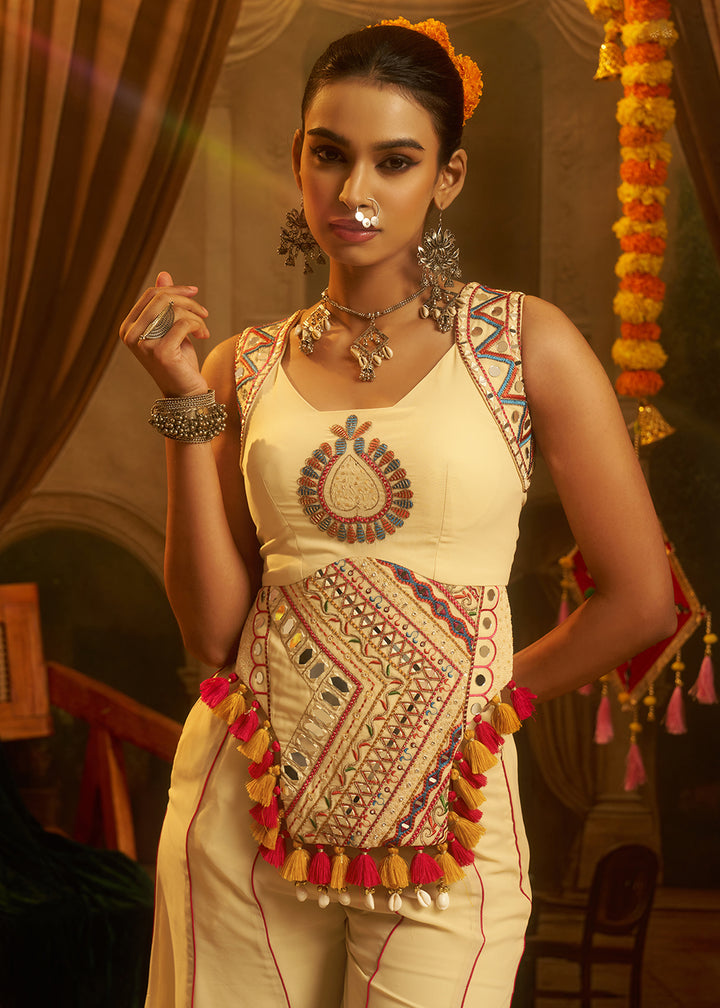 Buy Now Cream Mirror with Shells Navratri Style Palazzo Suit Online in US, UK, Canada, Germany, Italy, France, Greece, UAE, Australia &amp; Worldwide at Empress.