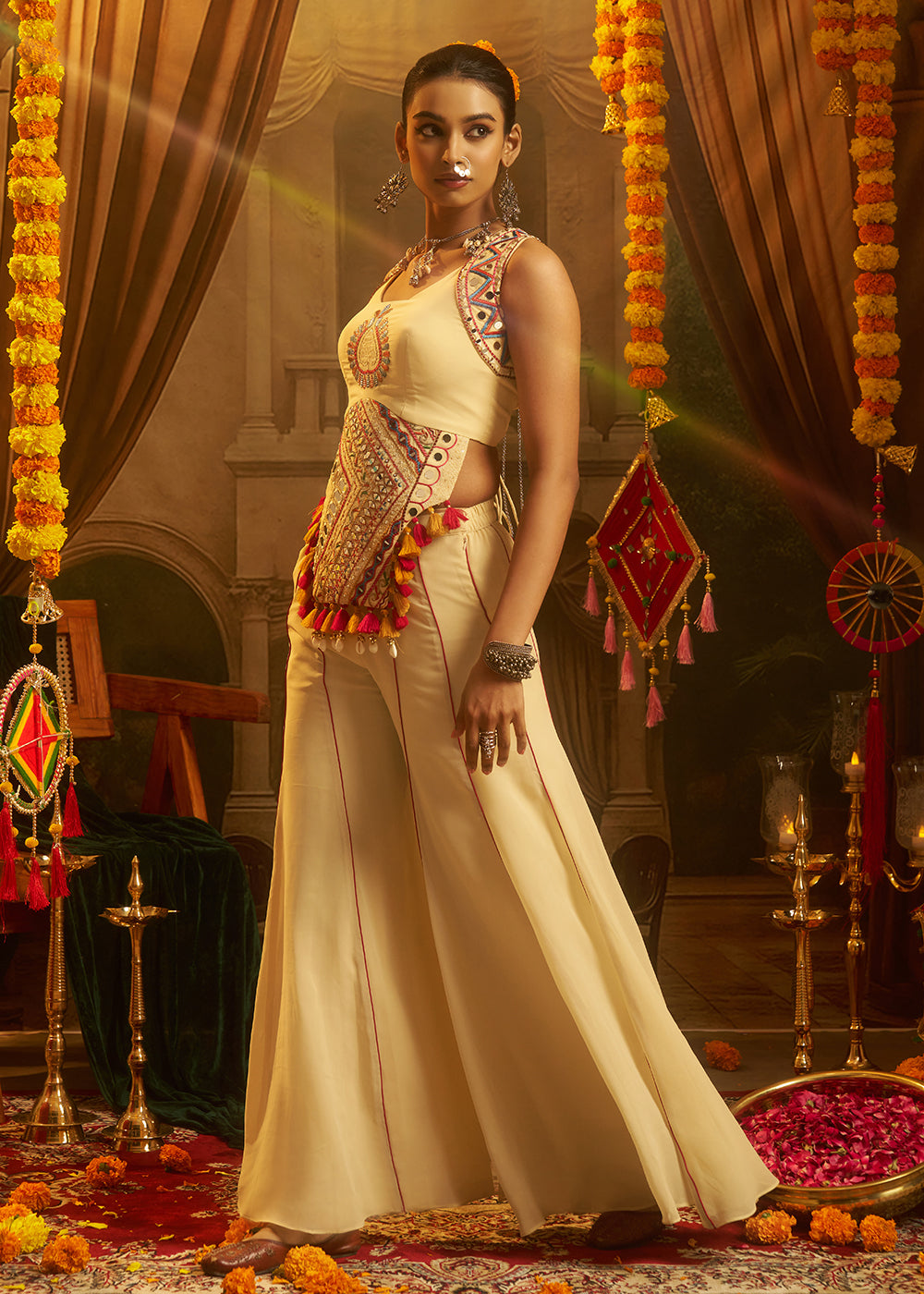 Buy Now Cream Mirror with Shells Navratri Style Palazzo Suit Online in US, UK, Canada, Germany, Italy, France, Greece, UAE, Australia &amp; Worldwide at Empress.