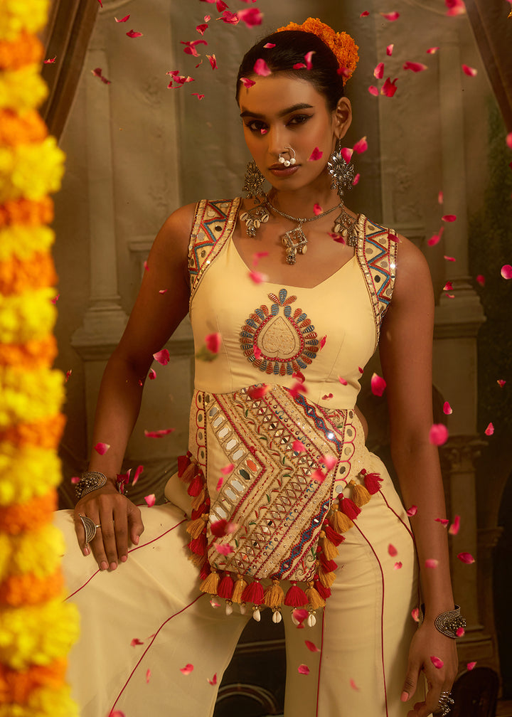 Buy Now Cream Mirror with Shells Navratri Style Palazzo Suit Online in US, UK, Canada, Germany, Italy, France, Greece, UAE, Australia &amp; Worldwide at Empress.