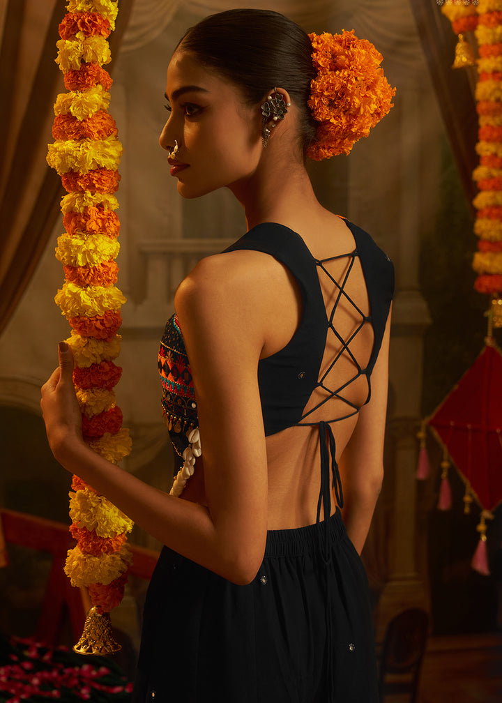 Buy Now Black Mirror with Shells Navratri Style Palazzo Suit Online in US, UK, Canada, Germany, Italy, France, Greece, UAE, Australia &amp; Worldwide at Empress.