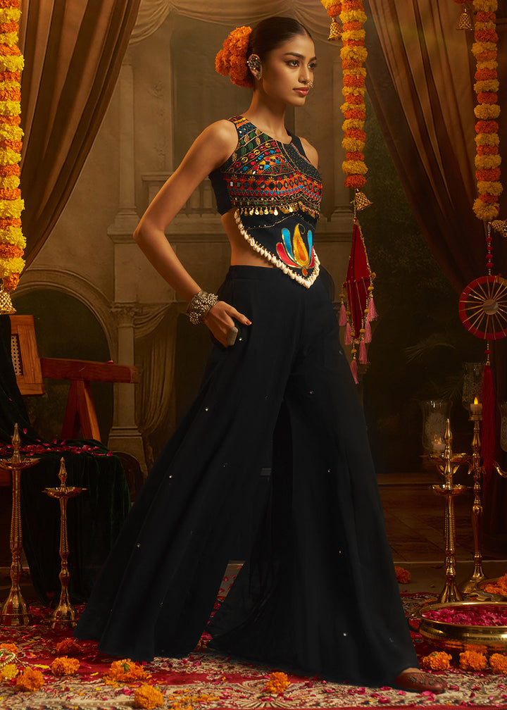 Buy Now Black Mirror with Shells Navratri Style Palazzo Suit Online in US, UK, Canada, Germany, Italy, France, Greece, UAE, Australia &amp; Worldwide at Empress.