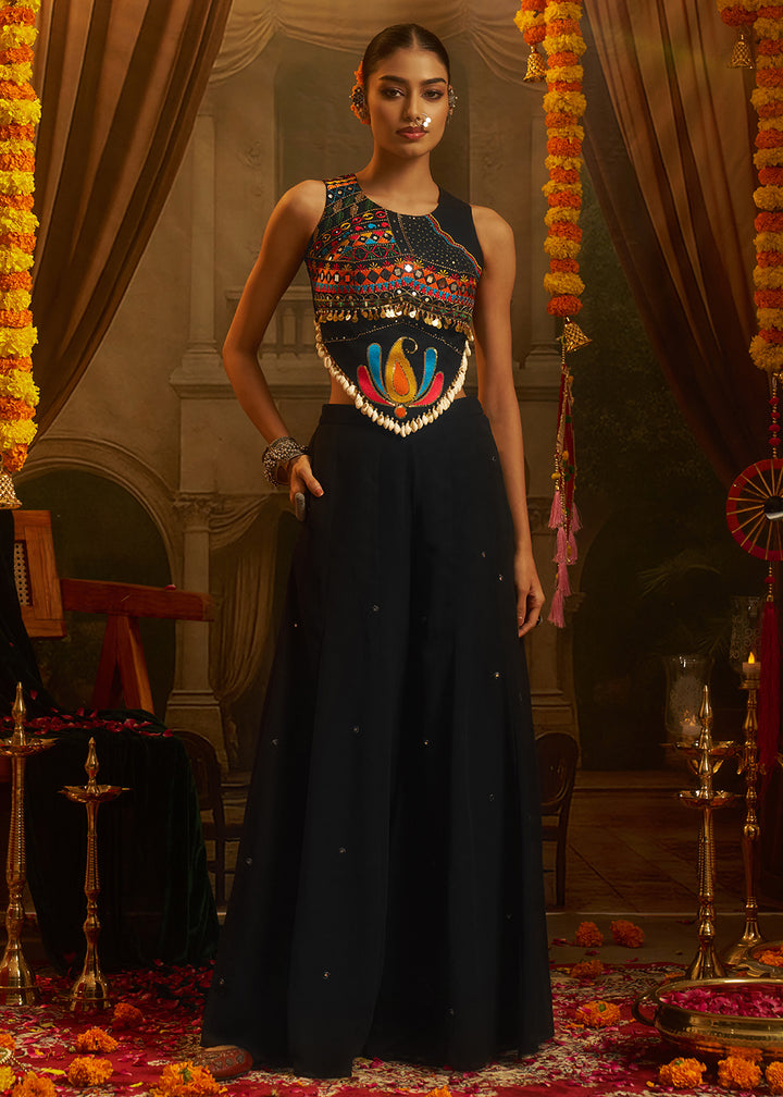 Buy Now Black Mirror with Shells Navratri Style Palazzo Suit Online in US, UK, Canada, Germany, Italy, France, Greece, UAE, Australia &amp; Worldwide at Empress.