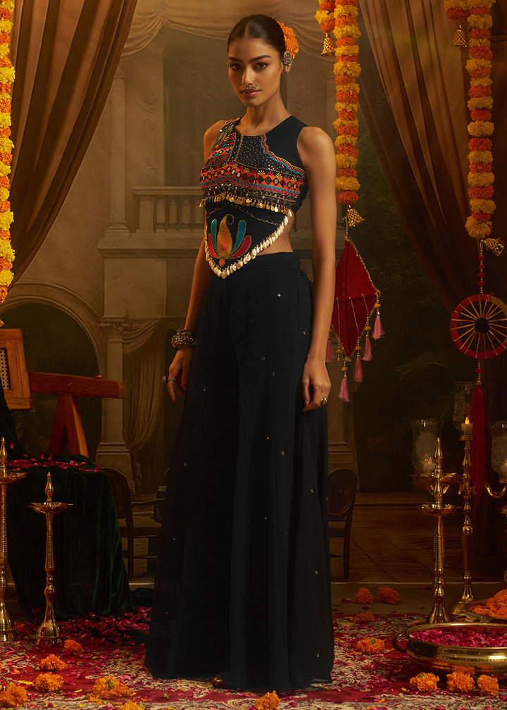 Buy Now Black Mirror with Shells Navratri Style Palazzo Suit Online in US, UK, Canada, Germany, Italy, France, Greece, UAE, Australia &amp; Worldwide at Empress.