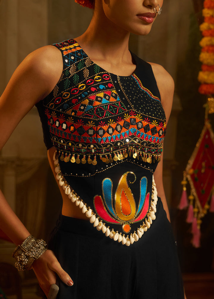 Buy Now Black Mirror with Shells Navratri Style Palazzo Suit Online in US, UK, Canada, Germany, Italy, France, Greece, UAE, Australia &amp; Worldwide at Empress.